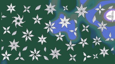 Eski usul. Kumaş, tekstil, duvar kağıdı baskısı için. Eskiz geçmişi. Raster illüstrasyonu. Renkli desenli eskiz deseni, yeşil çiçekler ve dekoratif elementlerle.