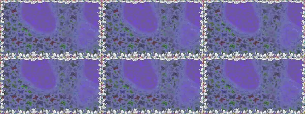 Kelebekli Raster çiçeksiz desen. Mor ve mavi renkli bir resim. Kağıt, kumaş ve ambalaj için uygun.