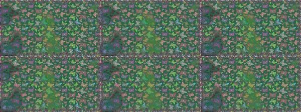 Fantezi renkli resimler koleksiyonu. Farklı renkte kelebeklerden kusursuz. Giysi tarzı için mavi ve yeşil arka planda dekorasyon. Tasarım için Raster Kelebekleri. Raster illüstrasyonu.