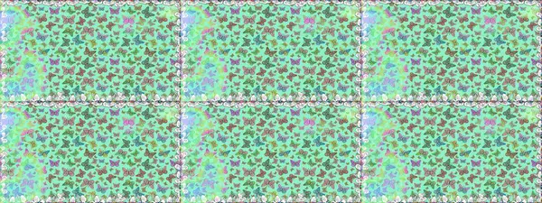 Mavi ve yeşilde güzel, pürüzsüz bir kelebek örtüsü. Giysi kumaşı için böcek dokusu parçası tekrarlanıyor. Sonsuz. Bahar Kelebeği teması. Çizim, karalama, karalama. Raster illüstrasyonu.