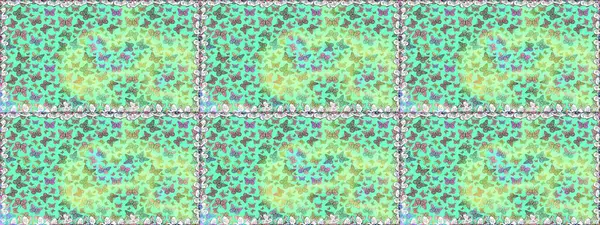 Kelebekli tasarım. Kusursuz. Çizim, karalama, karalama. Raster illüstrasyonu. Sonsuz. Mavi ve yeşil arka planda kelebekler.