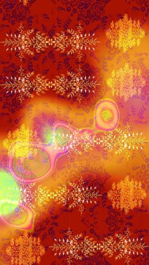 Çocuksu tasarım. Tekstil, kumaş, ambalaj, hatıra defteri için hoş bir çiçek arkaplanı. Elle çizilmiş çiçek desenli Raster çizimi. Kırmızı, turuncu ve sarı arkaplanda.