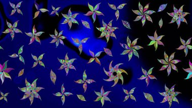 Mavi renkli bitkilerden oluşan parlak çiçekli çizim deseni.