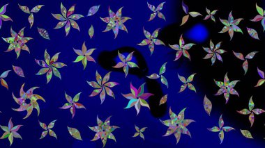 Çiçek ve yapraklı karalama şeklinde Raster çiçek deseni. Raster illüstrasyonu. Yumuşak, bahar çiçekleri mavi renklerde.