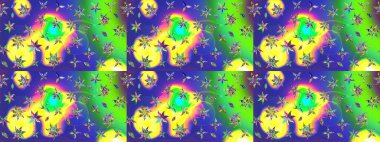 Kumaş, tekstil, duvar kağıdı baskısı için. Eskiz geçmişi. Renkli desenli eskiz deseni, yeşil çiçekler ve dekoratif elementlerle. Raster illüstrasyonu. Antika retro tarzı.