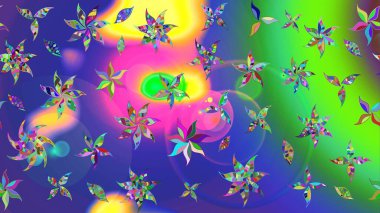 Suluboya elle çizilmiş çiçek desenli eskiz deseni. Parlak renkli fantezi çiçekleri, yapraklar, mavi renkli tomurcuklar.