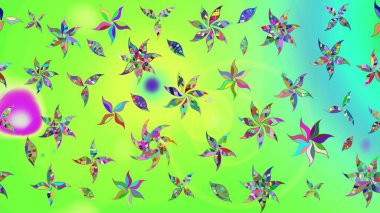 Şirin çiçekli eskiz deseni ve yeşil renkli yapraklar, suluboya çiçek deseni, duvar kağıdı, kart veya kumaş için fayanslı. Raster illüstrasyonu.