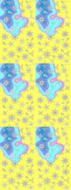 Eskiz modeli etnik tasarım. Yatak çarşafları, ceket, paket tasarımı, kumaş ve moda kavramları için tekstil baskısı. Çiçekleri, deniz kabukları, mandalaları ve suluboya efektleri olan deniz altyapısı.