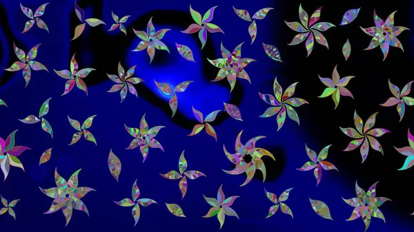 Mavi renkli bitkilerden oluşan parlak çiçekli çizim deseni.