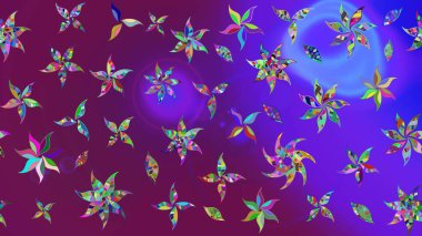 Renkli Bahar Teması eskiz kalıbı. Düz Çiçek Elementleri Tasarımı. Mor renkli şirin çiçek deseni. Raster Modaya uygun kumaş deseni.