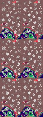 Yapraklı çiçekler ve kahverengi renkli papatya çiçekleri. Raster - stok. Taslak arkaplan deseni.