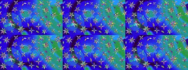 Şirin çiçekli eskiz deseni ve mavi renkli yapraklar, suluboya çiçek deseni, duvar kağıdı, kart veya kumaş için fayanslı. Raster illüstrasyonu.