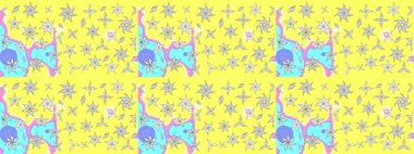 Raster çiçek desenli çiçek deseni, yapraklar, dekoratif elementler, sıçrama, lekeler, el çizimi kontur çizgileri ve Doodle çizim stili, grafik raster çizim çizimi.