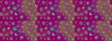 Çiçek tasarımı için inanılmaz bir kolaj cenneti tarzı. Çiçekli zambakların eskiz geçmişi. Parlak çiçekli kolaj çiçekleri mor.