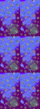 Modern çiçek arkaplanı. Parlak renkli çiçekleri ve mor renkli yaprakları olan harika bir çiçek deseni. Moda baskıları için zarif bir şablon. Halk stili.