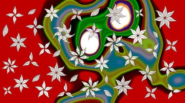 Renkli Bahar Teması eskiz kalıbı. Düz Çiçek Elementleri Tasarımı. Asya tekstil tarzında. Kırmızı renkte çiçekler. Raster illüstrasyonu. Çiçek desenini çiz.