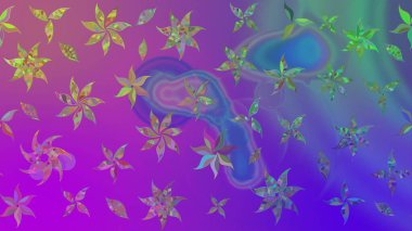 Yumuşak, mor renkte bahar çiçekleri. Yaprak ve çiçeklerin suluboya resimleri, menekşe renkleri üzerine çizimler. Raster illüstrasyonu.