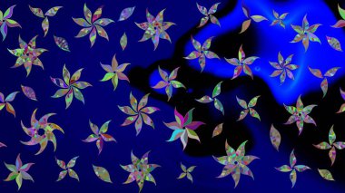 Raster illüstrasyonu. Çiçek buketleriyle klasik bir eskiz şekli. Mavi renklerde.