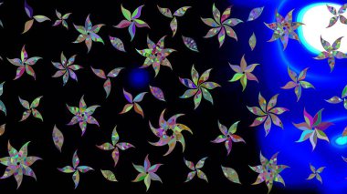 Çok renkli, zarif küçük çiçekler ve siyah renkli komik böcekler, raster desen, illüstrasyon..