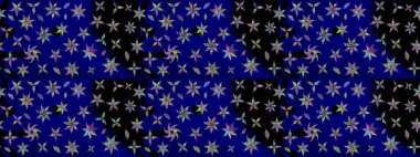 Retro tekstil tasarım koleksiyonu. El çizimi çiçek unsurları olan soyut çizim raster deseni. Çiçekli ipek eşarp. Mavi maviye. 1950 'ler-1960' lar motifleri.