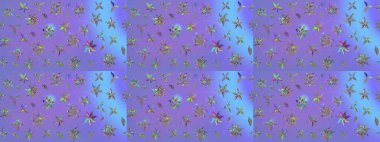 Şirin çiçekli eskiz deseni ve mor renkli yapraklar, suluboya çiçek deseni, duvar kağıdı, kart veya kumaş için fayanslı. Raster illüstrasyonu.