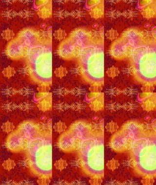 Eskiz geçmişi. Renkli desenli eskiz deseni, kırmızı, turuncu ve sarı çiçekler ve dekoratif elementler. Raster illüstrasyonu. Eski usul. Kumaş, tekstil ve duvar kağıdı baskısı için..