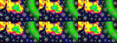 Hediye ambalaj kağıdı, tebrik kartları, posterler ve pankart tasarımı. Yeşil renkli çiçekler. Raster düz çiçek çizim deseni.