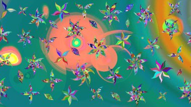 Suluboya elle çizilmiş çiçek desenli eskiz deseni. Parlak renkli fantezi çiçekleri, yapraklar, mavi renkli tomurcuklar.