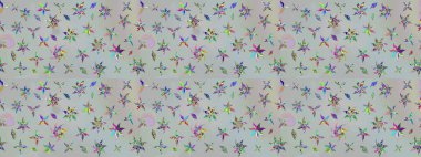 Çok renkli, zarif küçük çiçekler ve gri renkli komik böcekler, raster desen, illüstrasyon.