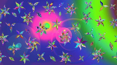 Çiçek ve yapraklı karalama şeklinde Raster çiçek deseni. Yumuşak, mavi renkte bahar çiçekleri. Raster illüstrasyonu.