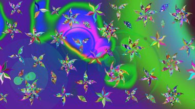 Motley illüstrasyonu. Yeşil çiçekli bahar çiçekleri. Küçük renkli çiçekler. Moda baskıları için zarif bir şablon. Küçük çiçekte şirin desenler.