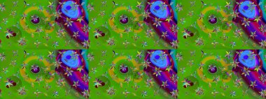 Raster - stok. Yapraklı çiçekler ve yeşil renkli papatya çiçekleri. Taslak arkaplan deseni.