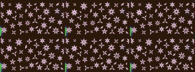 Tekstil, kumaş, ambalaj, hatıra defteri için hoş bir çiçek arkaplanı. Elle çizilmiş çiçek desenli Raster çizimi. Kahverengi arka planda. Çocuksu tasarım.