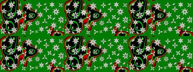 Süslü kumaş deseni. Düz Çiçek Elementleri Tasarımı. Renkli Bahar Teması eskiz kalıbı. Raster illüstrasyonunda çiçek deseni çizimi.