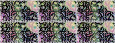 Raster illüstrasyonu. Siyah renklere karalamalar çizen kusursuz çiçek deseni.