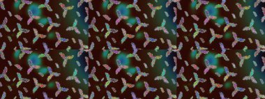 Bokeh kahverengisi, yeşili, mavisi ve kar taneleri olan dekoratif Noel arkaplanı. Raster illüstrasyonu.