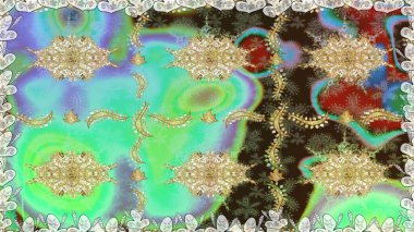 Yeşil ve altın desenli. Tekrarlayan elementlerle kusursuz soyut arkaplan. Zarif raster klasik desen.