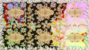 Tarafsız renklerde altın element. Damask arkaplanı. Barok tarzında altın çiçekli süs. Altın çiçekli, pürüzsüz desen.