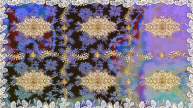 Senin tasarımın için, duvar kağıdı. Raster geometrik arka plan. Kahverengi renklerde altın çiçekli altın desenler. Altın rengi kusursuz illüstrasyon.