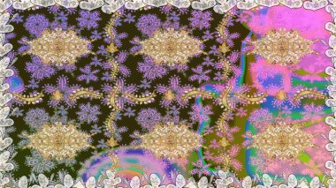 Damask altın soyut çiçek gri renklerde pürüzsüz desen. Raster illüstrasyonu. Süsleme.