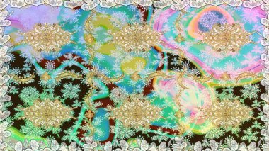 Raster illüstrasyonu. Kusursuz damaske klasik altın desen. Tarafsız renklerde altın rengi ve altın elementler üzerinde altın pürüzsüz desen. Tekrarlayan ögelerle soyut arkaplan Raster.