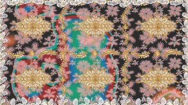 Raster illüstrasyonu. Süslü dekorasyon. Damask altın soyut çiçek gri renklerde pürüzsüz desen.