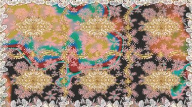 Hassas altın deseni açın. Doğu tarzı arabesk. Raster sanatı. Kusursuz altın desenli bukleler. Parlak dantel, stilize çiçekler, şal desenli. Altın elementlerle bej renklerde pürüzsüz desen