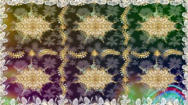 Raster Golden Mehndi kusursuz desen. Gri renkli desen. Kına dövmeli süs çiçekleri, altın çıkartmalar, mehndi ve yoga tasarımı, kartlar ve parmak izleri..