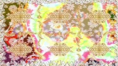 Dekoratif simetri arabesk. Kusursuz ortaçağ çiçek deseni. Doğum günü kartı, davetiye ya da afiş için iyidir. Tarafsız renklerde altın. Raster illüstrasyonu.