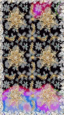 Kusursuz altın desen. Altın elementli gri renkler. Çiçek desenli altın metal. Raster altın çiçek süsü brokar kumaş ve cam desenli..