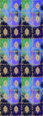 Mavi renkler ve altın elementler üzerine çizim. Raster. Parlak dantel, stilize çiçekler, şal desenli. Altın desenli bukleler çiz. Doğu tarzı arabesk. Zarif altın deseni aç.