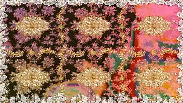 Kahverengi renkler ve altın elementler üzerinde altın pürüzsüz desen. Raster illüstrasyonu. Tekrarlayan elementlerle soyut arkaplan oluşturun. Kusursuz, klasik altın desen..