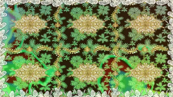 Yeşil renkli Raster altın deseni. Soyut duvar kâğıdı, ambalaj dekorasyonu. Altın kar taneleri basit, pürüzsüz desen. Kışın sembolü, Mutlu Noel tatili, Mutlu yıllar 2019.