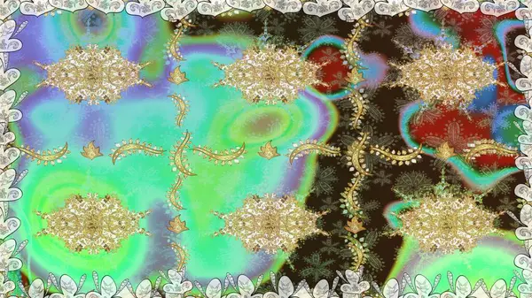Yeşil ve altın desenli. Tekrarlayan elementlerle kusursuz soyut arkaplan. Zarif raster klasik desen.